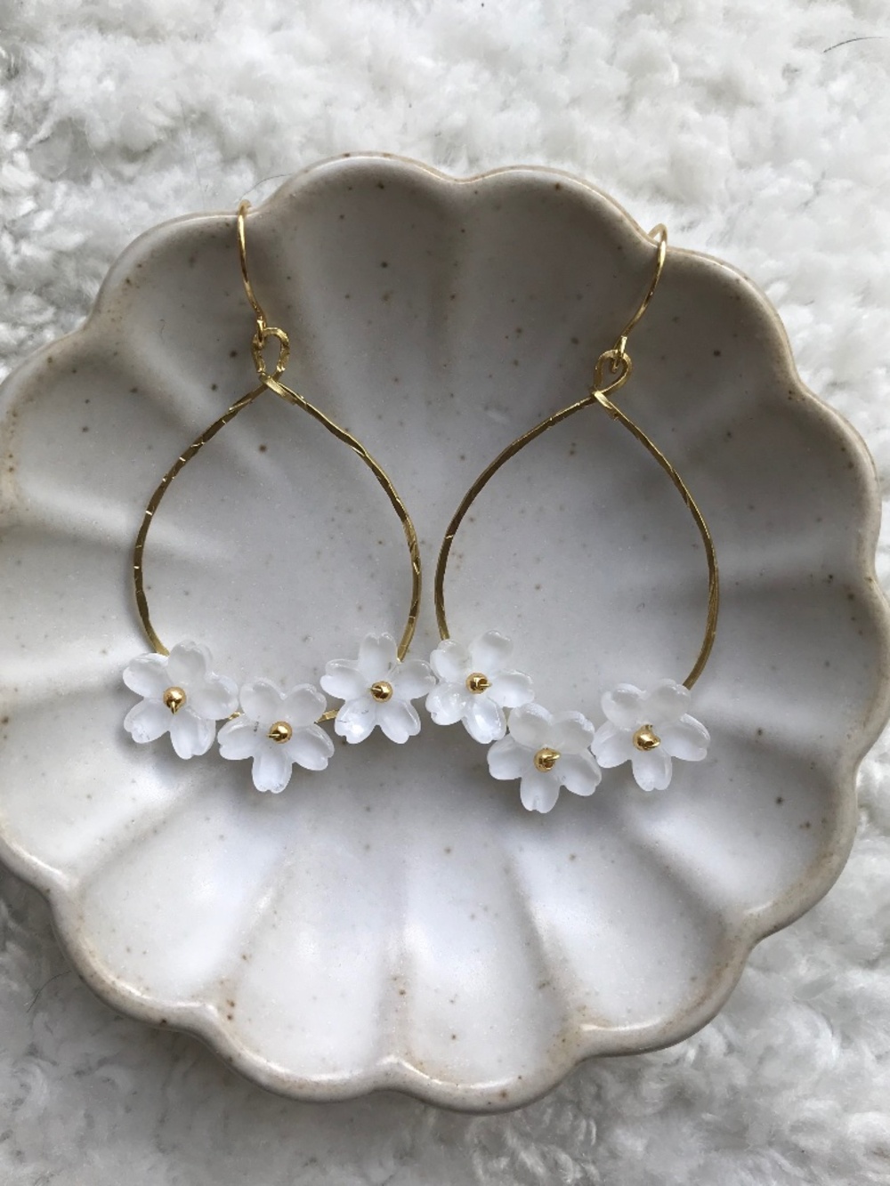 Handmade White Flower Hoop Earrings
